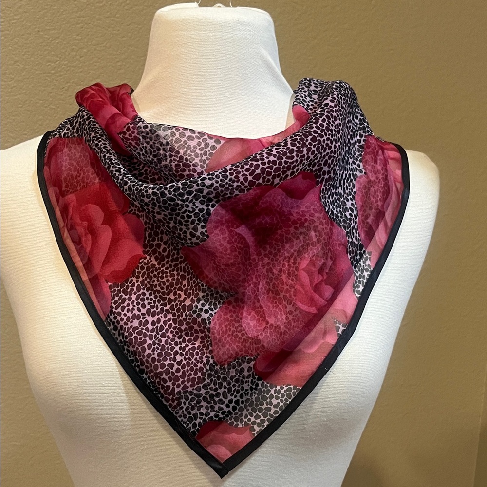 Vintage Bernie of New York Elegant Red and Black Floral 100% Silk Scarf